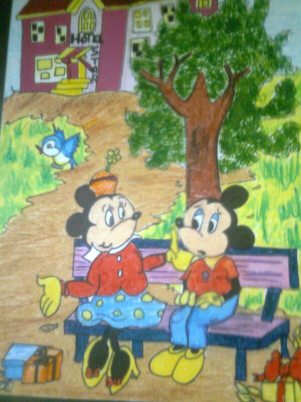 mickey and minnie sitting in a garden