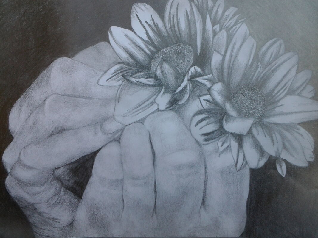 Hands holding flowers.. Art by Kimberly tarryn Johnson