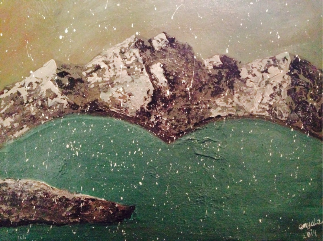 Mountain lake in a hail stor,