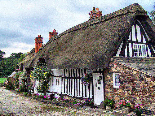 Cobblestone and thatched roofs