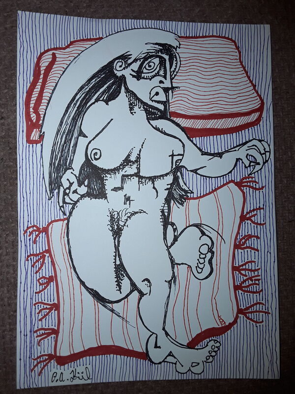 Nude, with red striped cushions