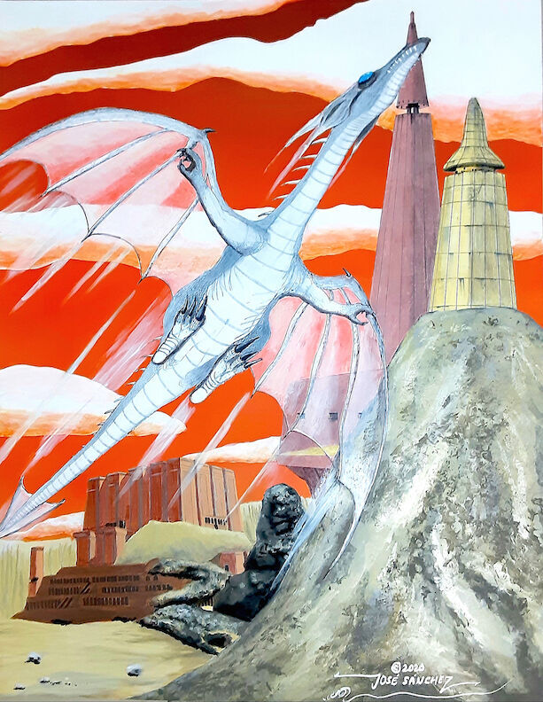 White Dragon Under Orange Sky