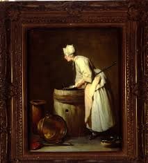 Donning rubber gloves, the wife does washing of clothes and dishes...