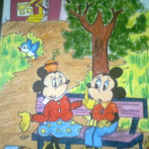 mickey and minnie sitting in a garden