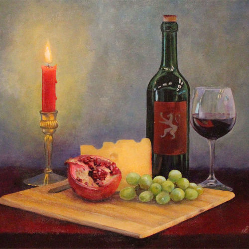 Still life with red wine and candle