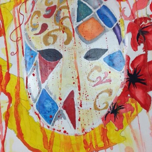 A mask a ribbon some flowers 