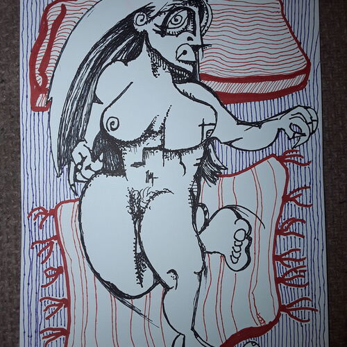 Nude, with red striped cushions