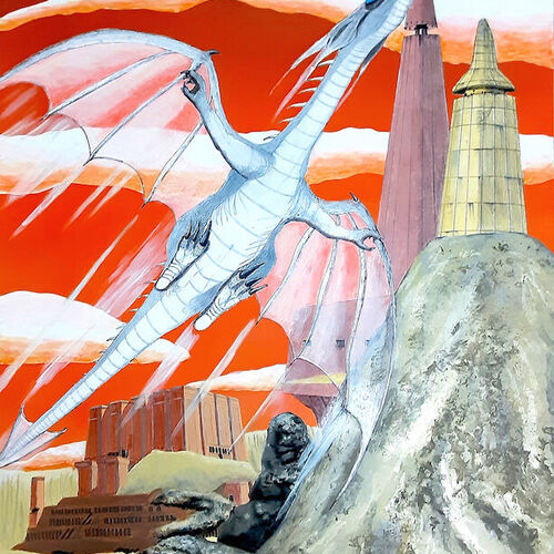 White Dragon Under Orange Sky