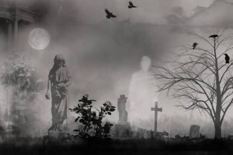 Dust over a coffin on a brightly moonlit night